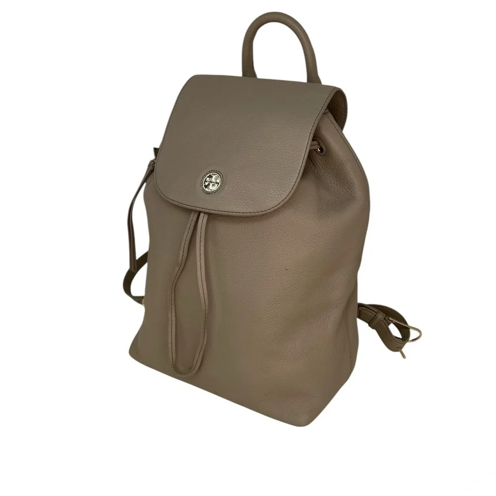 TORY BURCH Backpack Taupe Brown Leather Flap Top Drawstring Adjustable Straps